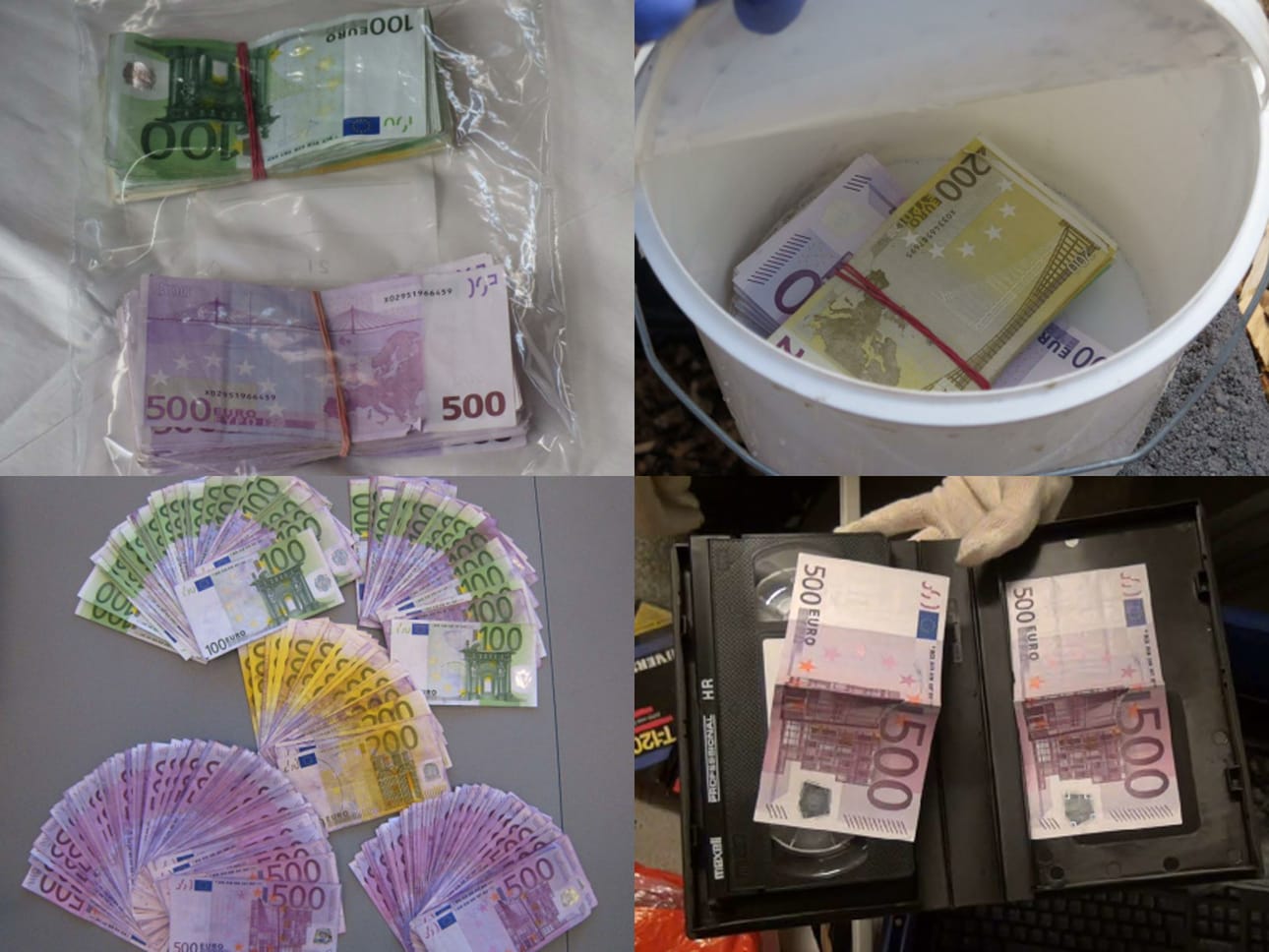 Poliisin julkaisemia kuvia Jari Aarnioon kohdistuneesta esitutkinnasta, jonka yhteydessä löydettiin muun muassa 65 000 euroa maahan kätkettynä.
