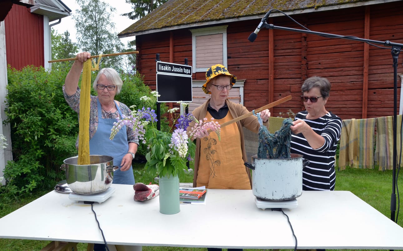 Raija Knuuttila (vas.) kertoi lankojen kasvivärjäyksestä korona-ajan Tehdään käsillä -tapahtumassa Tellervo Hietakankaan ja Marketta Voltin kanssa.