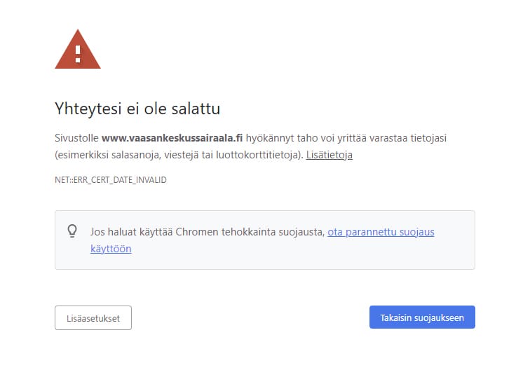 Vaasan keskussairaalan verkkosivut varoittivat tiistaina asiakkaita tietoturvasta.