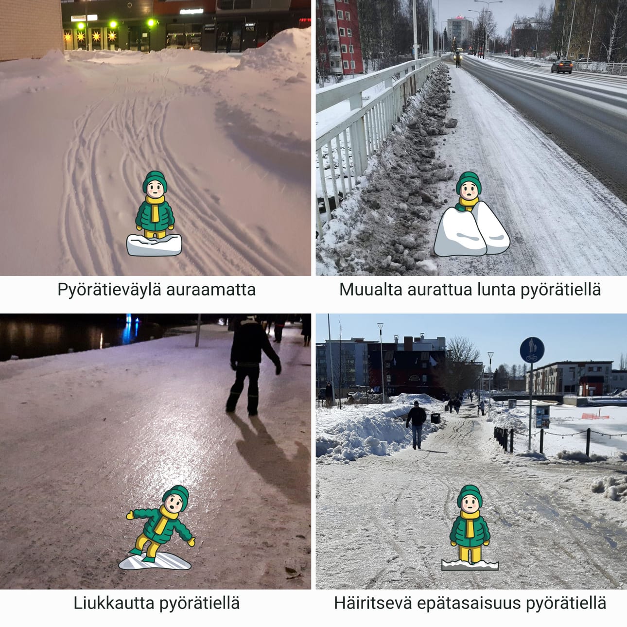 Havainnekuva Crowdsorsa-pelin pyöräteiden kuntoon liittyvistä ikoneista.