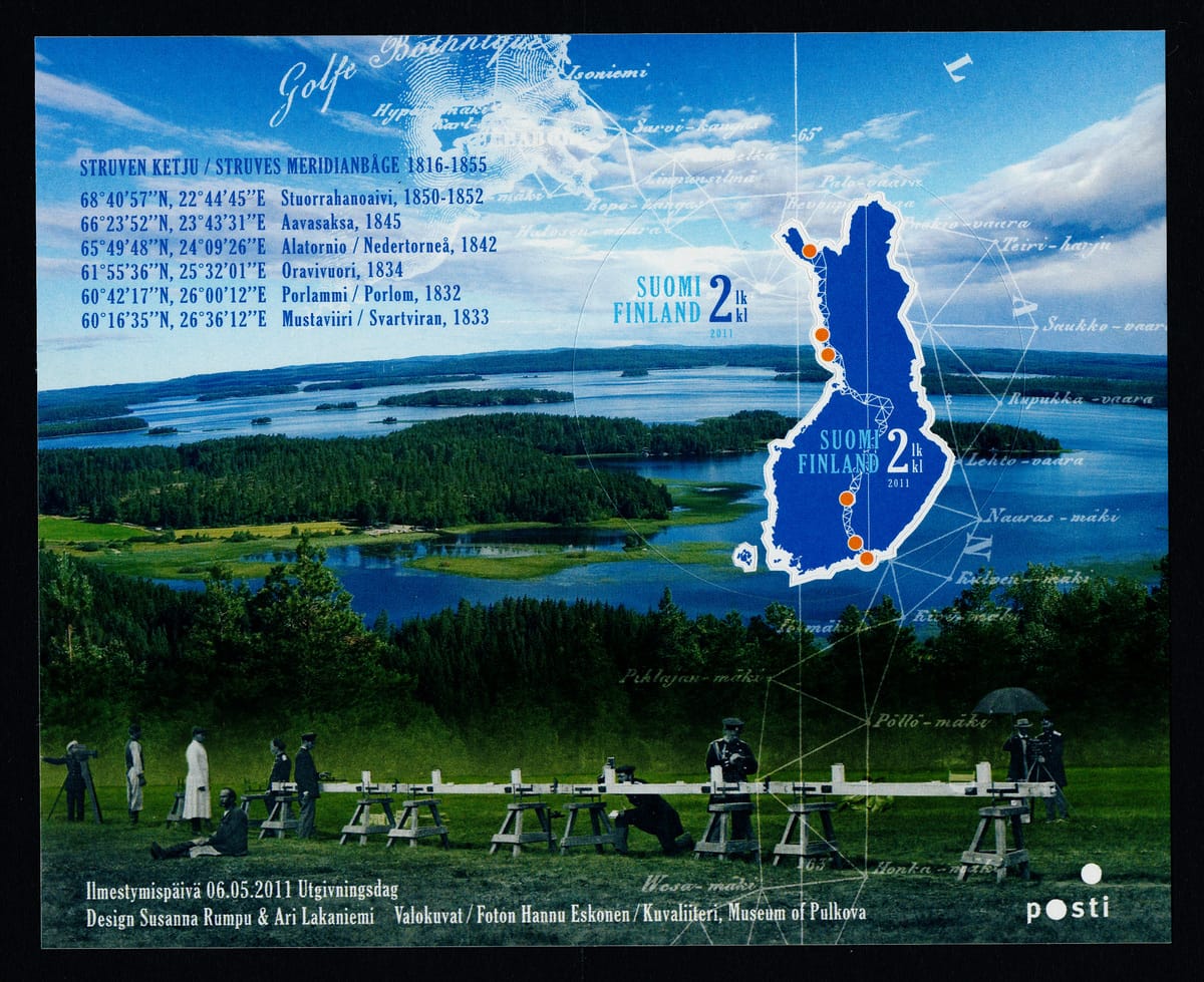 Maapallon mittanauhaksikin kutsuttu Struven ketju päätyi postimerkkiarkin aiheeksi Suomessa vuonna 2011.