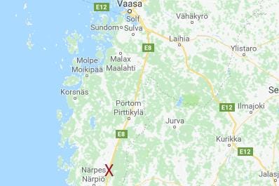 Onnettomuus tapahtui valtatie 8:lla Yttermarkin kylässä Närpiössä. Kuvakaappaus: Google Maps
