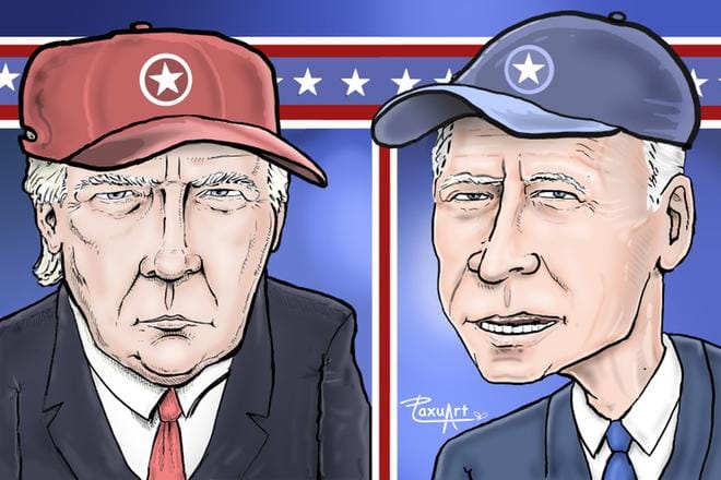 Donald Trump ja Joe Biden ovat päässeet kisassaan ratkaisun hetkiin. Ääntenlasku on käynnissä kaikkialla Yhdysvalloissa. KUVA: Marko Paksuniemi