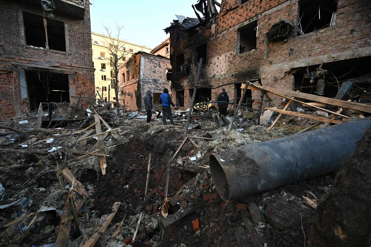 Venäjän lennokki-iskun tuhoja Harkovassa joulukuun lopulla. Ukrainan mukaan Venäjä ampui Ukrainaan kymmeniä iranilaisia Shahed-lennokkeja, joista Ukraina sai tuhottua osan. LEHTIKUVA/AFP