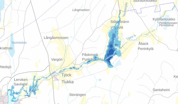 Tulvakartoitettu alue karttakuvassa.
