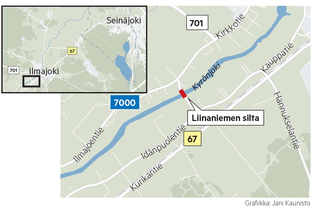 Liinaniemen silta kulkee Kyrönjoen yli Ilmajoella. Liikenne ohjataan kiertotielle tien 701 kautta. Grafiikka: Jani Kaunisto