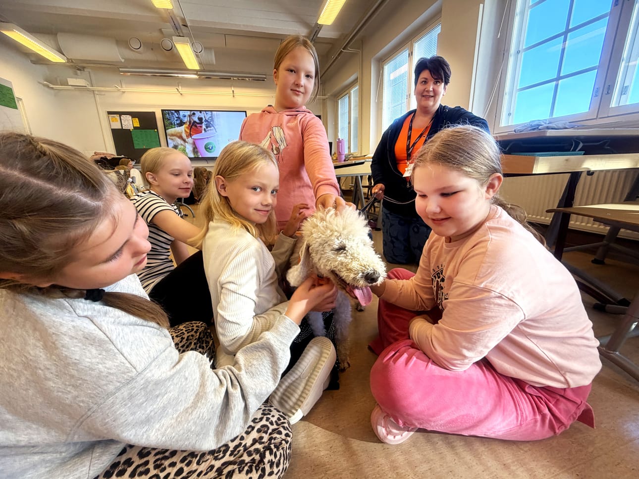 Annika Saarnikedon Retu-koira rakastaa rapsutuksia. Tässä niitä antavat Jade Alatalo (vas.), Silja Mäki-Kahra, Aino Anttila, Jadessa Soukka ja Fanni Wallin.