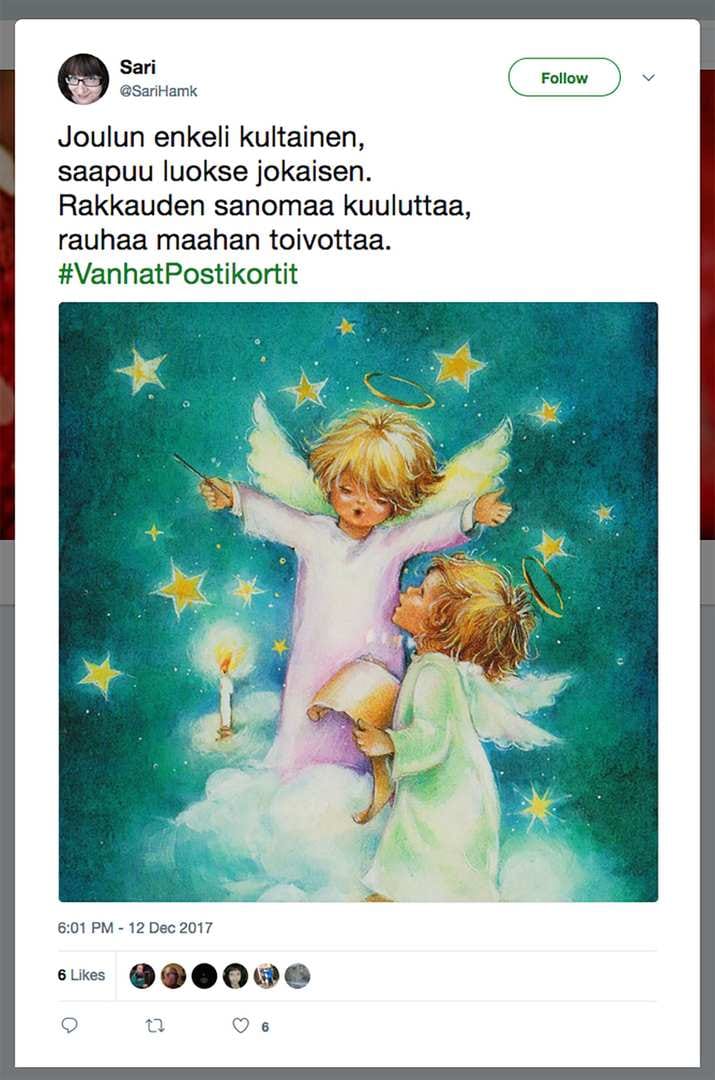 Sari twiittaa vanhoja, skannattuja postikortteja hashtagilla #VanhatPostikortit. Tällä risuaitamerkinnällä löytyy varmasti mieluisa joulukortti eteenpäin twiitattavaksi.