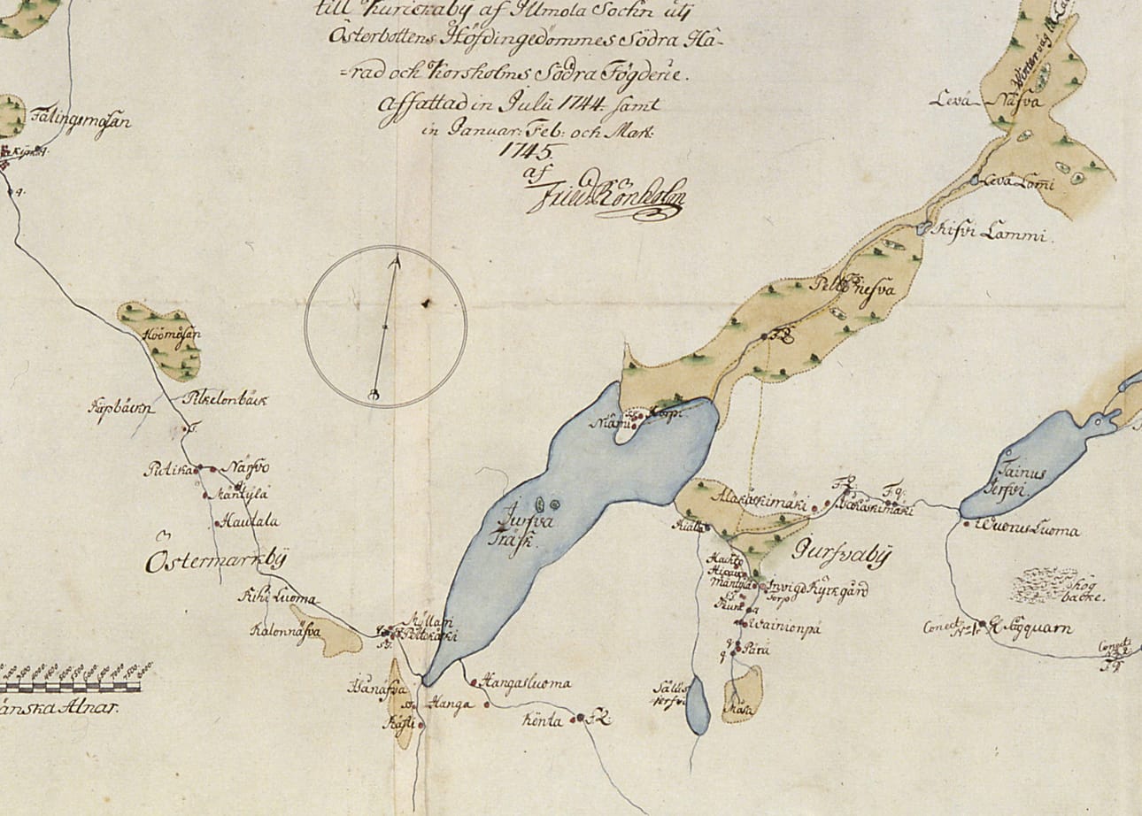 Vanha ruotsinkielinen kartta Jurvasta vuodelta 1745. Tuppirautaa siihen ei ole merkitty, mutta kantatila on ollut jo olemassa. Kuvan suurin järvi on Jurvanjärvi, pienin Säläisjärvi. Oikealla on Tainusjärvi, joka on sittemmin Jurvanjärven tavoin kuivatettu.