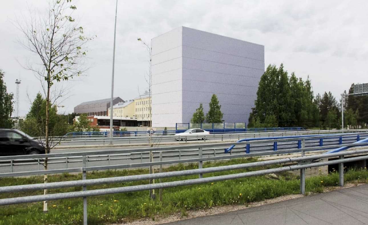 Vanhan kaksikerroksisen rakennuksen tilalle esitetään 8-kerroksista uudisrakennusta, joka sijoittuisi Nelostien suuntaisesti. Havainnekuva.