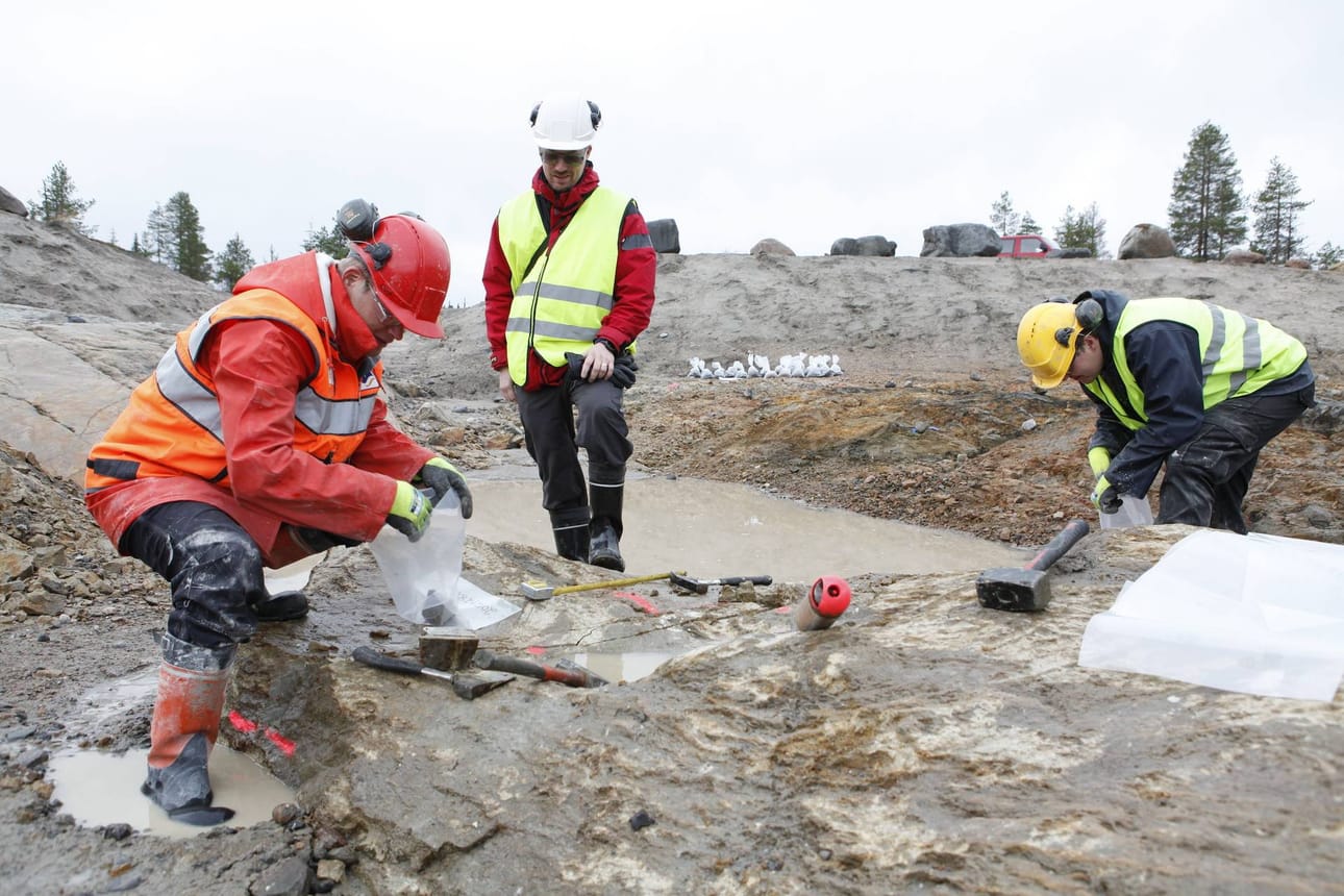 Dragon Miningin geologit Olli Pajula (vas.), Jyrki Bergström ja Janne Vehmas vasaroivat näytteitä Juomasuon kaivoksesta vielä silloin, kun kaivoksen toteutuminen näytti mahdolliselta. Sittemmin Kuusamon kaupunginvaltuusto torppasi suunnitelmat.