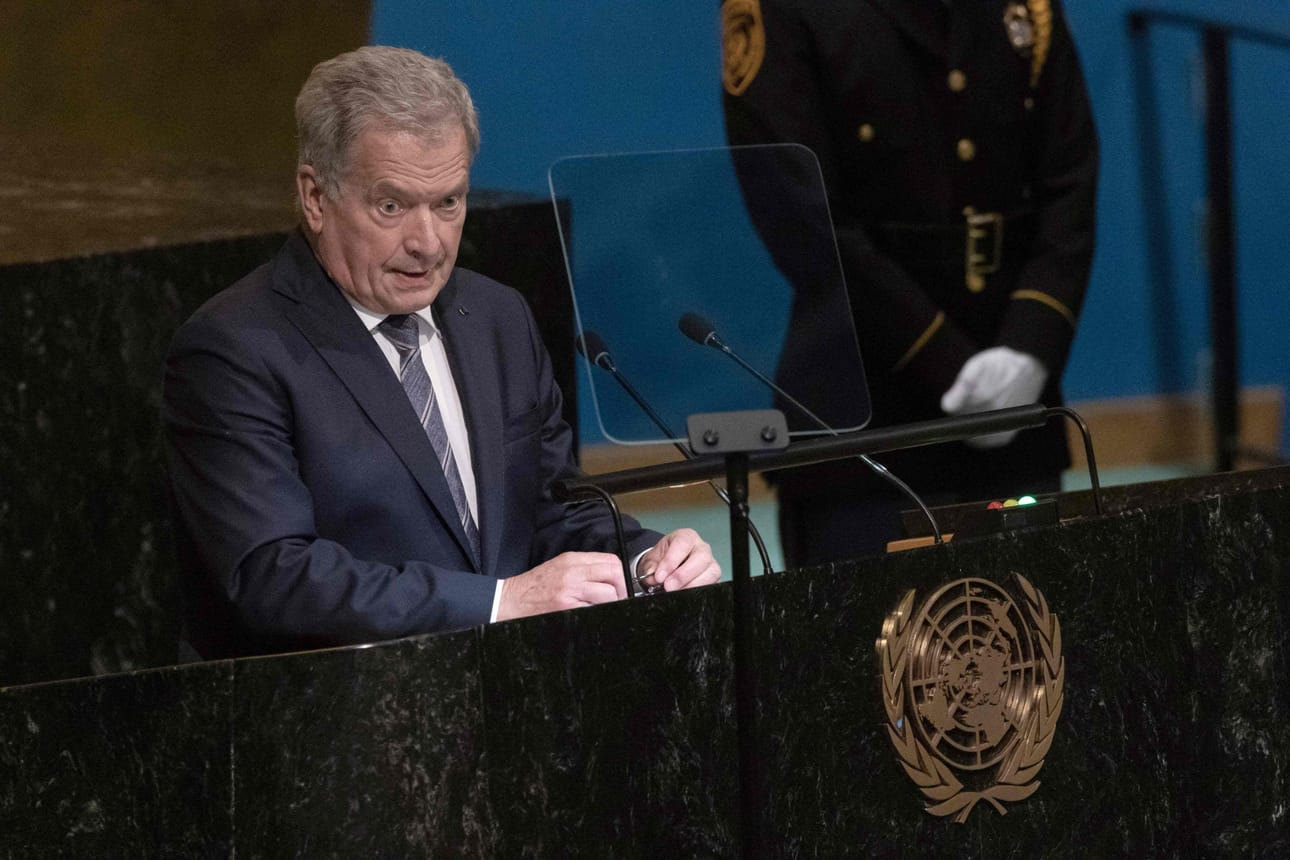 Vuosi sitten Niinistö sanoi puheessaan YK:ssa, että Venäjä käy Ukrainassa julmaa ja provosoimatonta sotaa, joka rikkoo räikeästi YK:n peruskirjaa. LEHTIKUVA/AFP