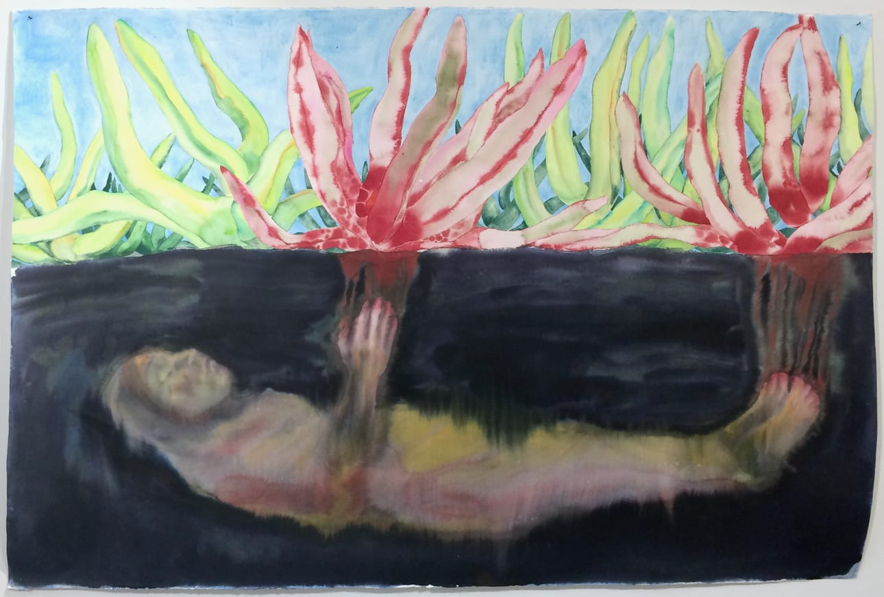 Anni Arffman: Hän, jonka veriset sormet eivät koskaan hellittäneet otettaan, 2022, akvarelli paperille.