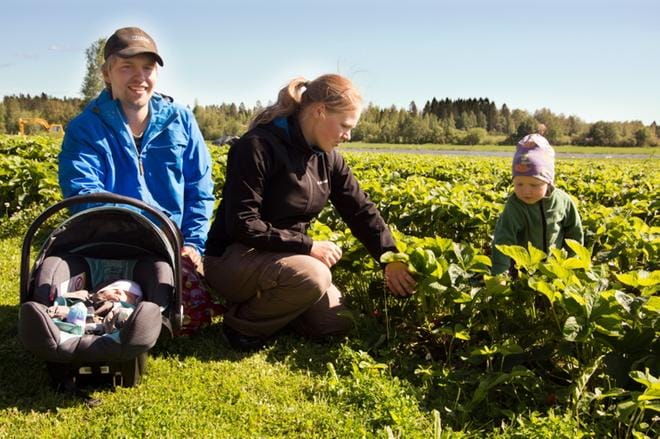 Heikki ja Katariina Riihon mukana tilan töissä kulkee myös kaksi pientä lasta: kohta 2-vuotias Eino ja turvakaukalossa pötköttävä kahden kuukauden ikäinen pikkusisko Vilja. KUVAT: KAROLIINA SYRJÄ
