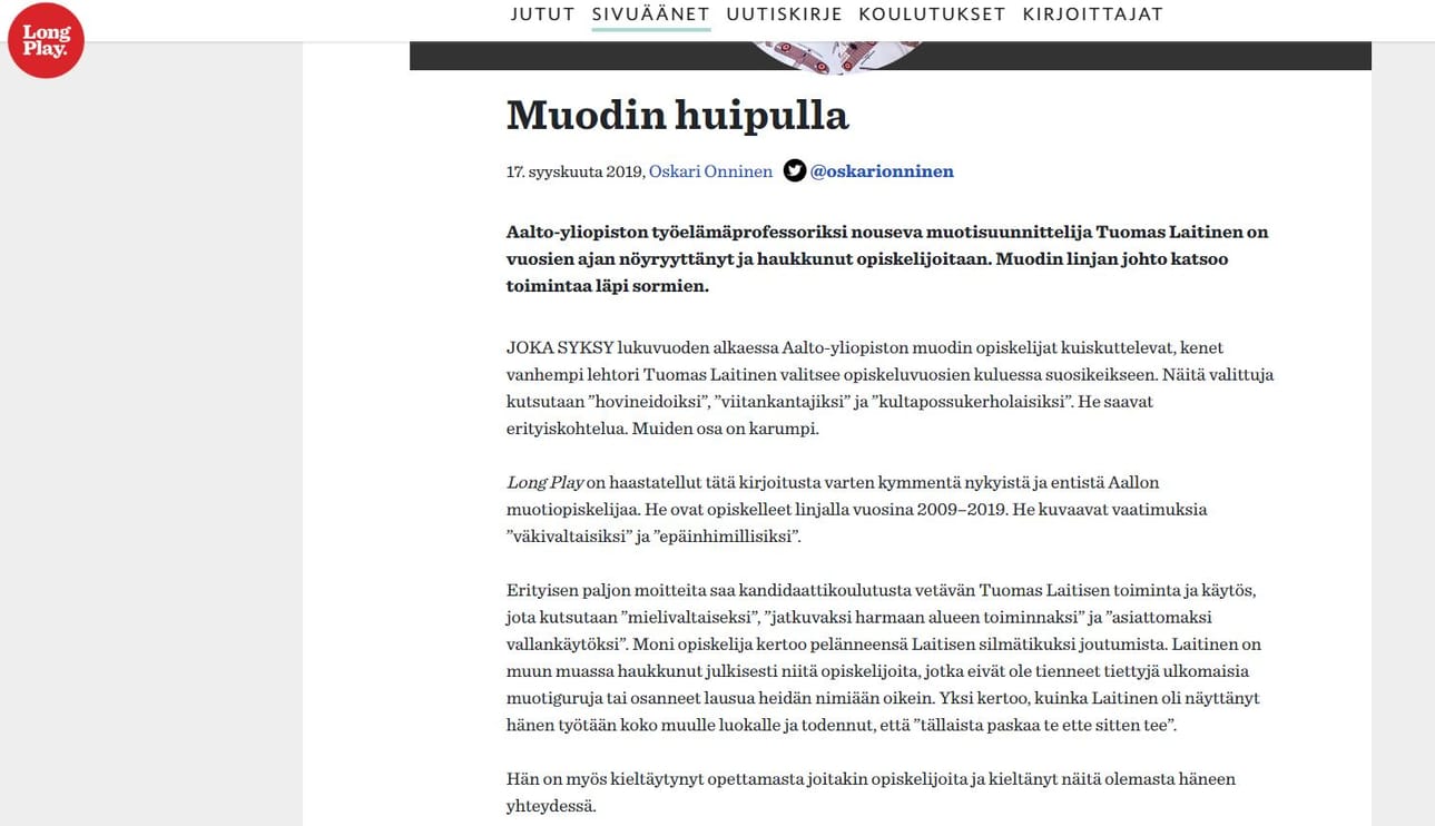 Long Play julkaisi viime tiistaina jutun Aalto-yliopiston muodin koulutusohjelman vetäjän, vanhemman lehtorin Tuomas Laitisen toiminnasta. Kuvakaappaus Long Playn sivustolta.