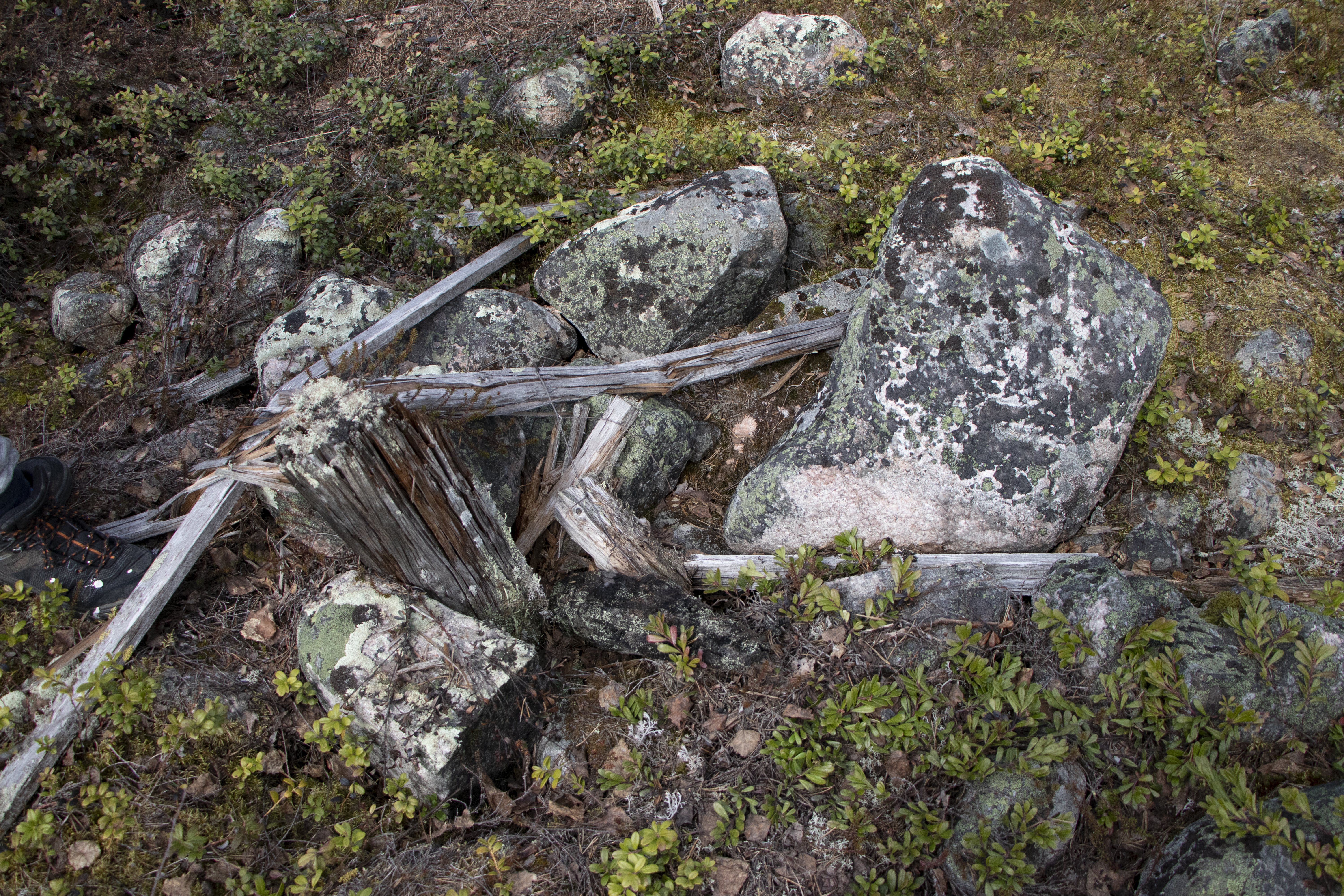 <p>Tornista muistuttamassa on enää lahonneita puuparrun kappaleita, joiden seasta löytyi vielä vankkoja, kymmentuumaisia </p><p>nauloja.</p>