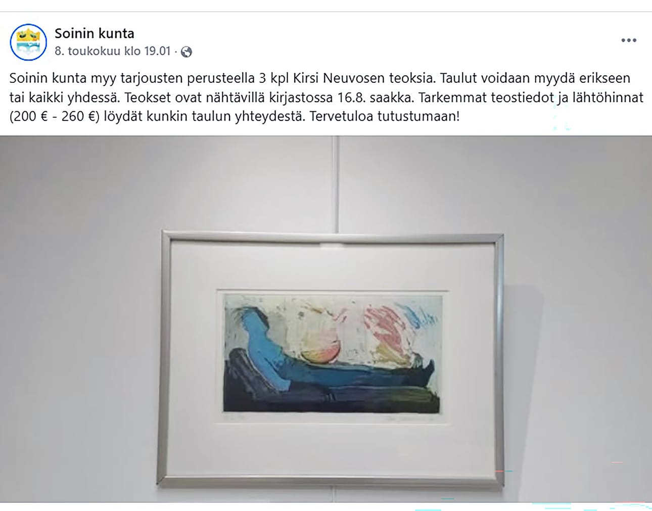 Soinin kunnan ilmoitus kolmen kunnan omistaman taulun myynnistä aiheutti keskustelua kunnan Facebook-sivulla. Kuvassa yksi myynnissä olevista Kirsi Neuvosen teoksista.