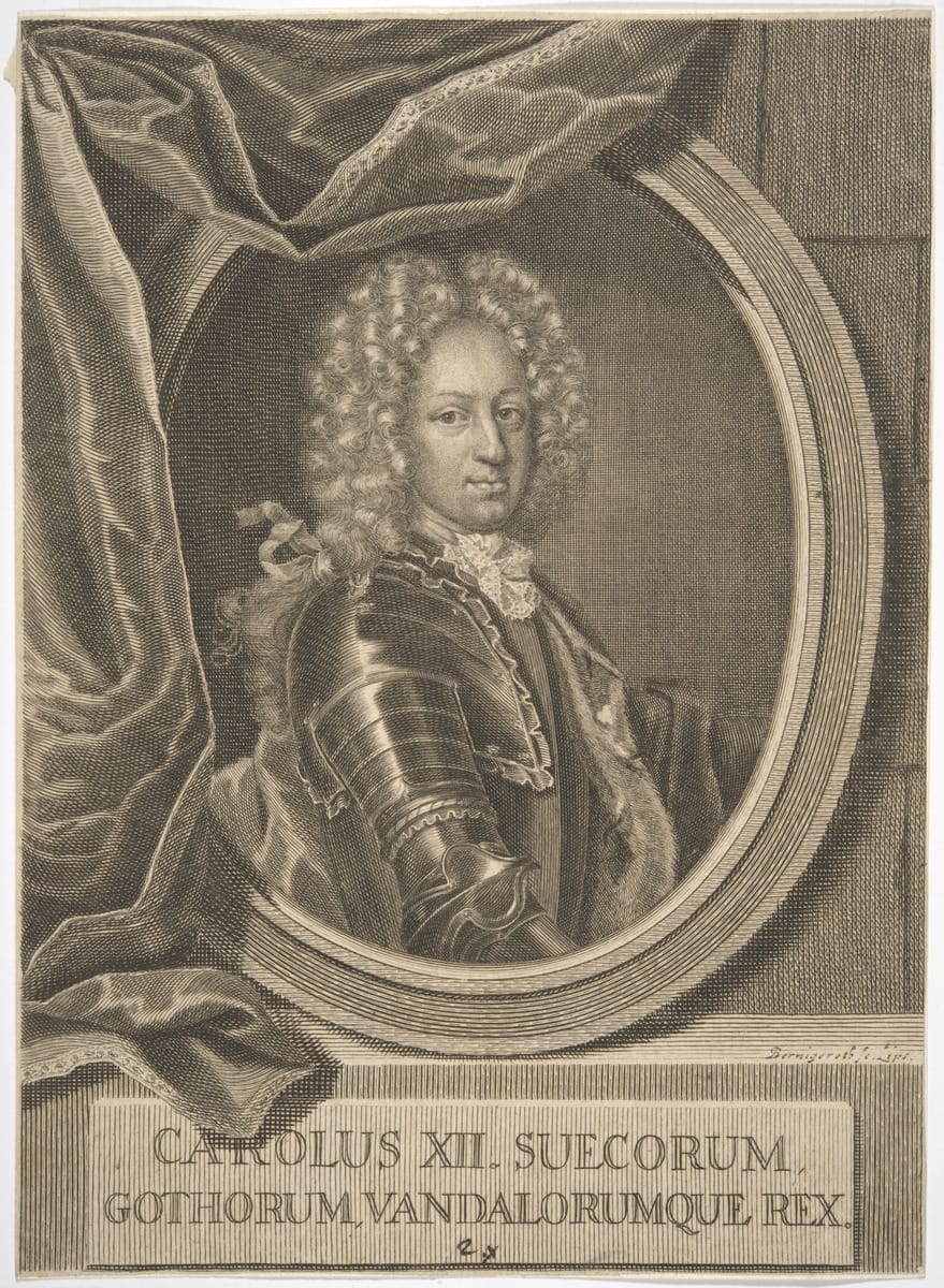 Kaarle XII Martin Bernigerothin tekemässä kuparikaiverruksessa 1700-luvun alusta.