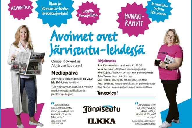 Mediapäivässä on tarjolla munkkikahvia ja musiikkia. Suvi Kantasen haastateltavina ovat kaupunginjohtaja Vesa Koivunen, Alajärven Yrittäjien puheenjohtaja Kirsi Kujala, Ilkan päätoimittaja Satu Takala, Järviseutu-lehden päätoimittaja Sari Heinilä, kaupunginvaltuuston puheenjohtaja Antti Joensuu ja kaupunginhallituksen puheenjohtaja Sari Palmu. Musiikkia tarjoilee Jesse Joensuu.