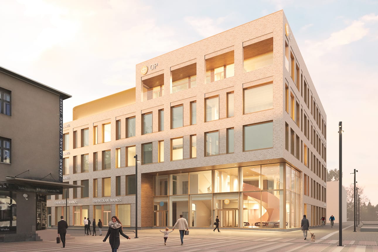 Uuden pankkirakennuksen on määrä valmistua Seinäjoen Keskustorin kulmalle vuoden 2027 loppuun mennessä. Havainnekuva.