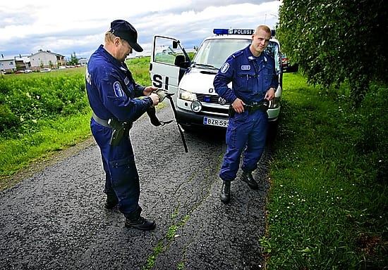 Ylikonstaapeli Eero Karioja (vas.) ja vanhempi konstaapeli Mikko Syvänen lopettivat heinäkuussa 2004 moottoritien liepeille tulleen hirven Oulussa.