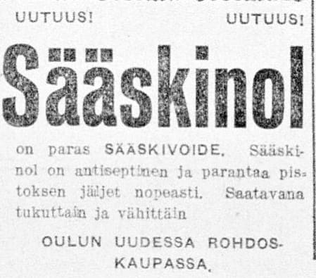 Oulun uusi rohdoskauppa mainosti Kalevassa sääskivoidetta juhannuksen alla vuonna 1926.