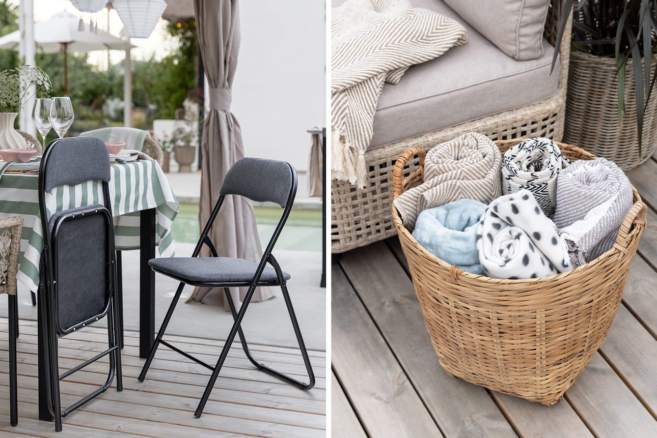 Peittokori näyttää hyvältä ja tekee illasta vähemmän viileän. Rustan pinottava ja värikäs Brighton-jakkara on sekä käytännöllinen että tyylikäs. Yksi vieras vielä? Ota käyttöön taitettava tuoli.