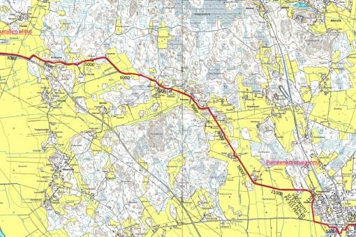 Yhdysvesijohto rakentuu kartan mukaisesti. Kaivantoon asennetaan Järvinet Oy:n kuituvalokaapelikin. KARTTA: ALUETAITO OY
