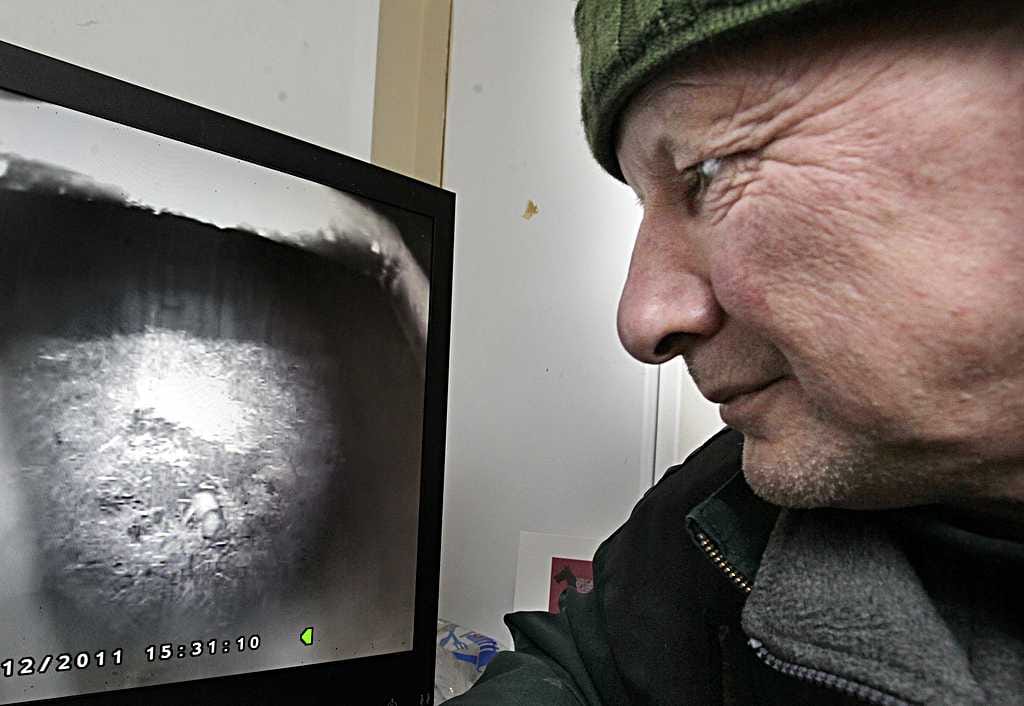 Ranuan eläinpuiston eläintenhoitaja Pertti Saarijärvi tarkkailee monitorista kopissaan lymyilevää jääkarhunpoikasta.