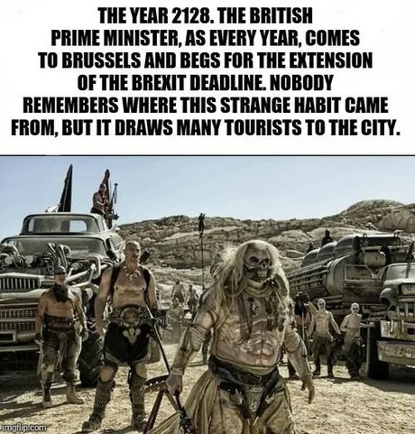 Brexitistä tehdään runsaasti pilkkaa sosiaalisessa mediassa. Tässä Britannian pääministerin jokavuotinen Brysselin-matka on sijoitettu vuoteen 2128 ja Mad Maxin elokuvaympäristöön.