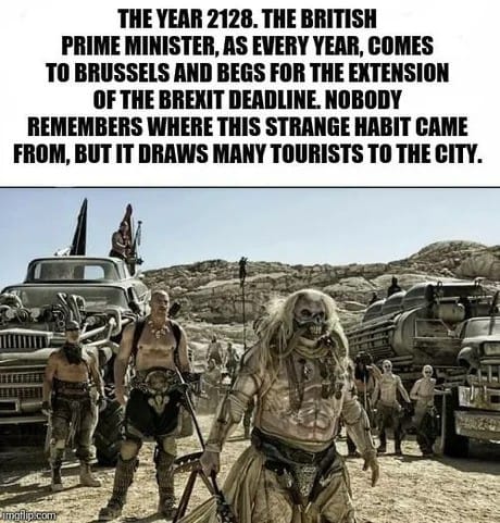Brexitistä tehdään runsaasti pilkkaa sosiaalisessa mediassa. Tässä Britannian pääministerin jokavuotinen Brysselin-matka on sijoitettu vuoteen 2128 ja Mad Maxin elokuvaympäristöön.