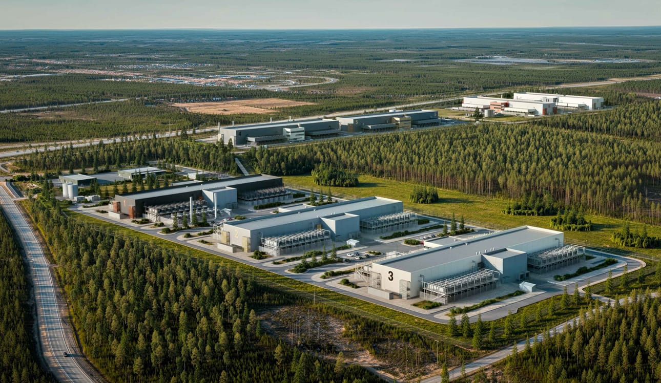 Seuraavat neljä datakeskusrakennusta sijoittuva Itäväylän viereen. Ne näkyvät havainnekuvan yläosassa. Etualan rakennukset ovat datakeskuksen ensimmäisen vaihetta, jota rakennetaan parhaillaan.