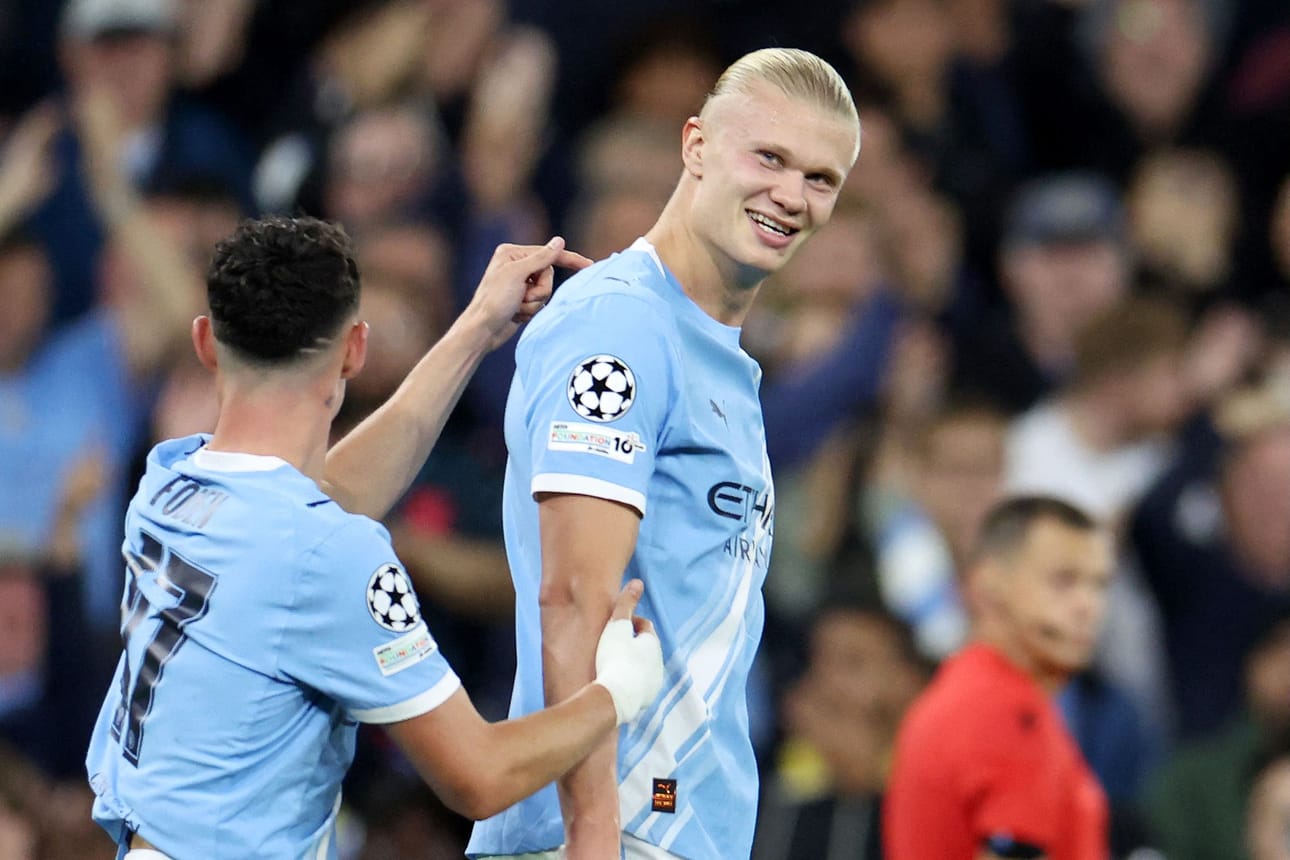Manchester Cityn Erling Haaland teki 1–0-maalin pelin 56. minuutilla. LEHTIKUVA/AFP