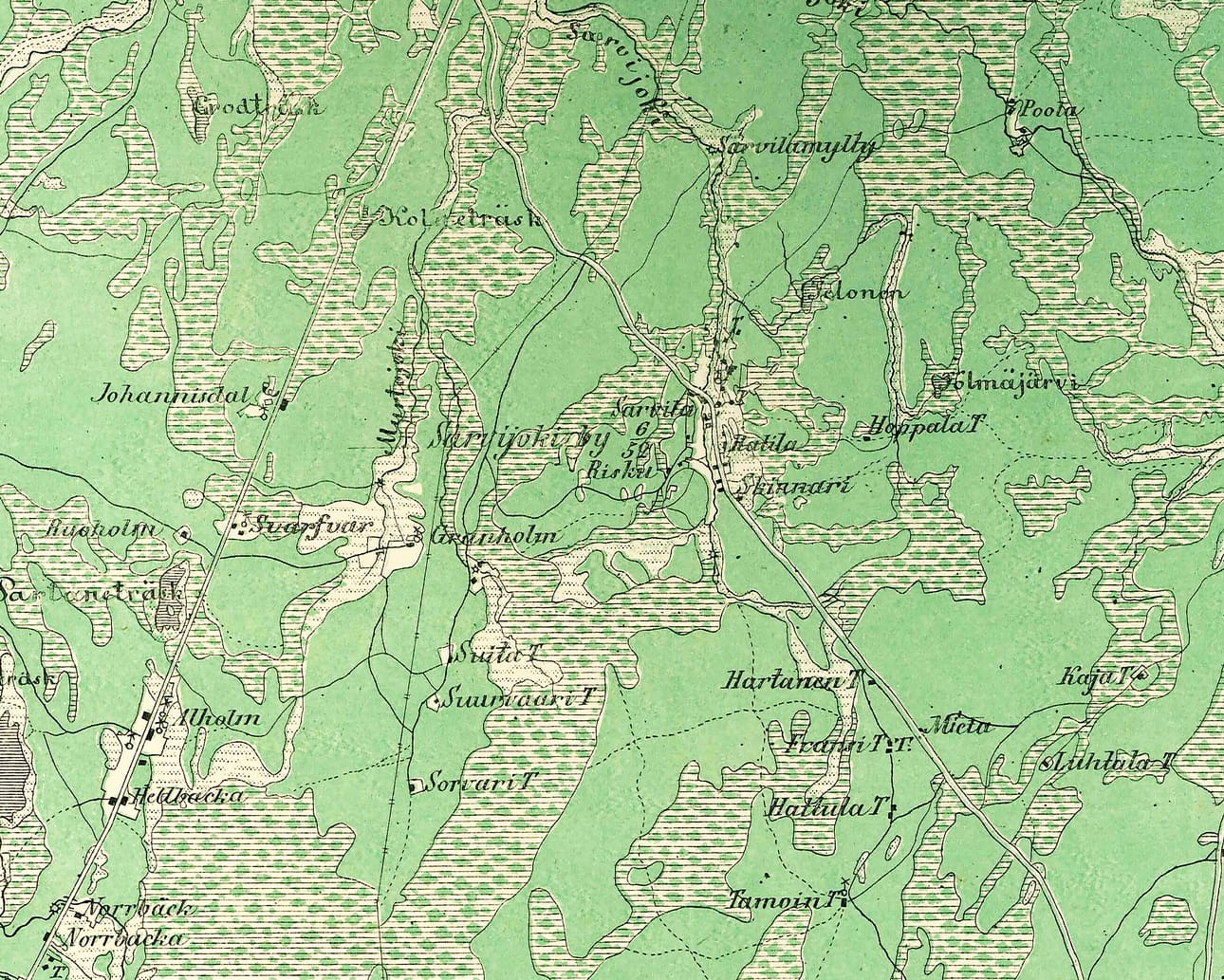 Vuonna 1856 julkaistuun karttaan on merkitty Sarvijoki-niminen joki ja siitä nimensä saanut kylä. Sarvinevan ja Ison Sarvinevan suoalue sijoittuu kuvan vasempaan alaosaan.