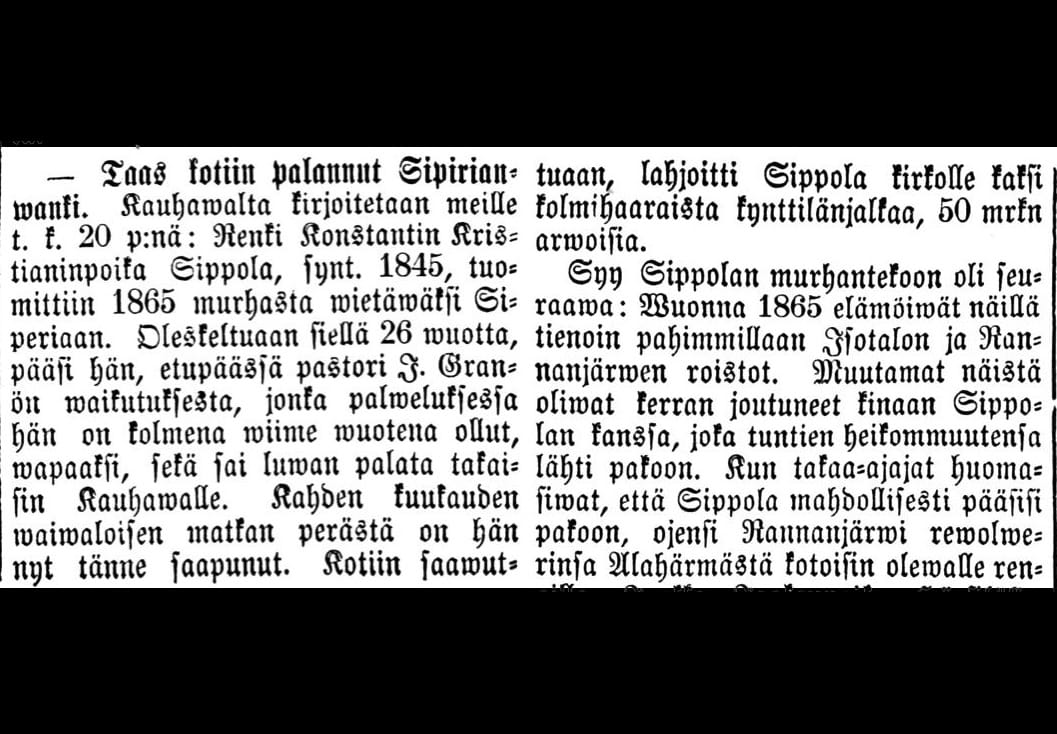 Waasan lehden jutussa kerrottiin Konstu Sippolan paluusta ja tuttavuudesta Johannes Granöön.