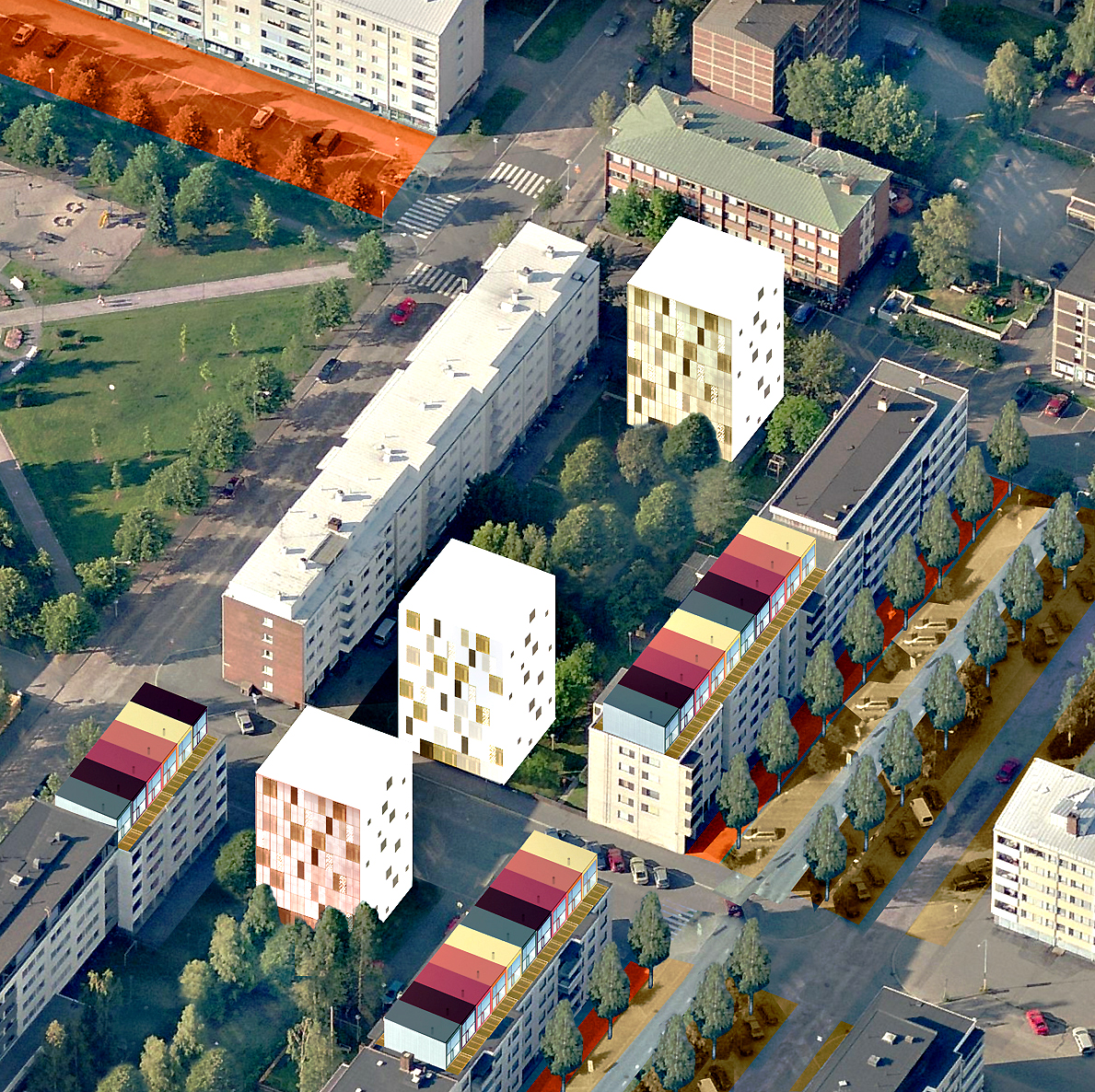 Ilmakuvasta näkyy ”sinkkutornit” ja ”miniloftit”. Uusi pysäköintikatujärjestely mahdollistaisi vihreät korttelipihat.