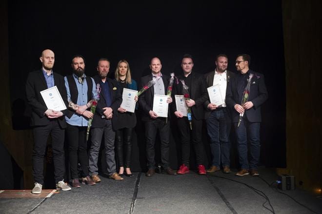 Voittajat vasemmalta alkaen ovat Jan Fröjdö ja Frank A. Unger, Wasa teater, Peter Ståhlberg ja Johanna Långskog, Wasaline, Miika Korkiakoski, Vaasan kaupunginteatteri, Tommi Mäki, Nordic Live Productions sekä Max Jansson ja Erkki Laakso, Visit Vaasa Finland. KUVA: JARNO PELLINEN
