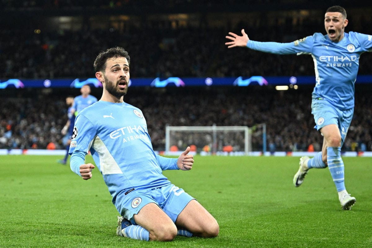 Bernardo Silva juhlii tekemäänsä Manchester Cityn illan neljättä maalia. Lehtikuva/AFP