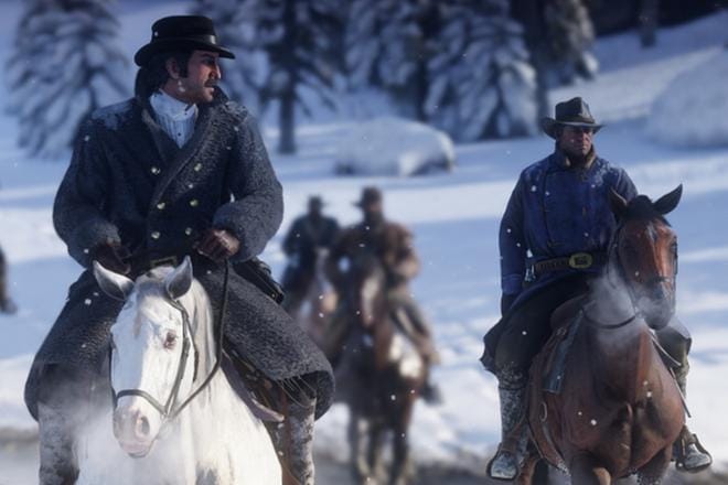Red Dead Redemption 2:n päähahmoja ovat 1800-luvun lopun Yhdysvalloissa elävät lainsuojattomat Dutch van der Linde (vas.) ja Arthur Morgan. KUVA: ROCKSTAR GAMES