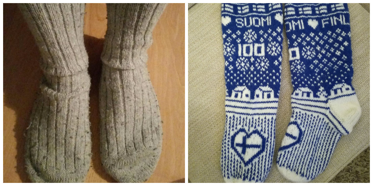 Vasemmalla ovat toiseksi tulleet Isäni vanhat yösukat ja oikealla kolmanneksi eniten ääniä saaneet 16-vuotiaan tytön neulomat Suomi 100-sukat.