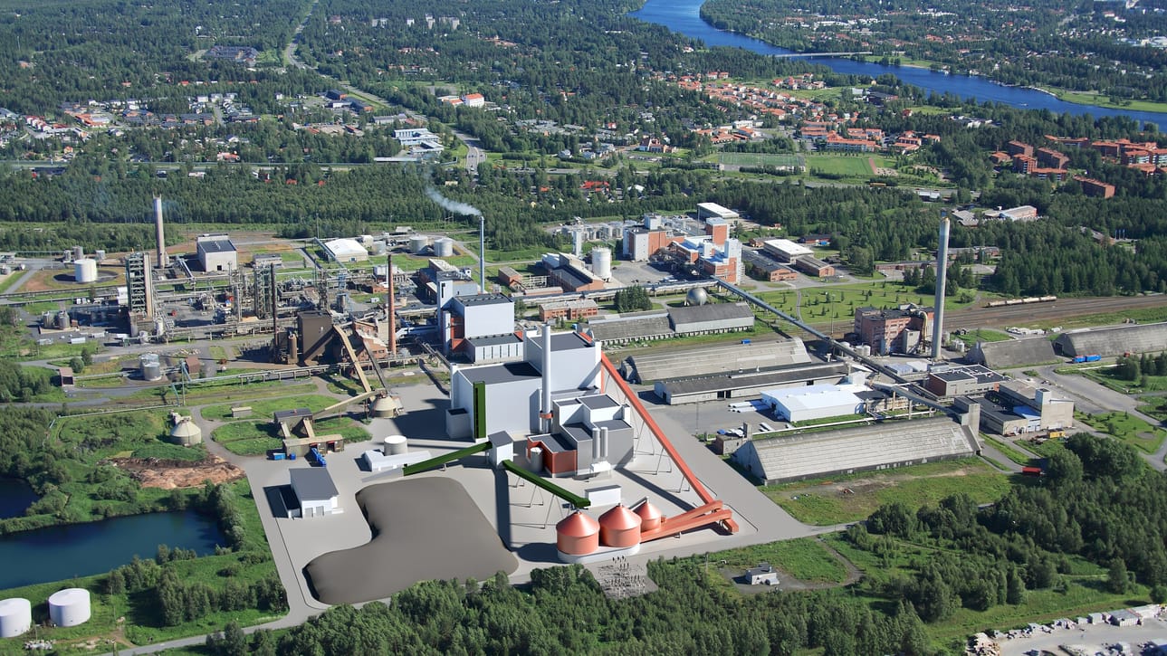 Havainnekuva Laanilan teollisuusalueelle Ouluun tulevasta biovoimalaitoksesta, joka tuottaa sähköä ja kaukolämpöä.