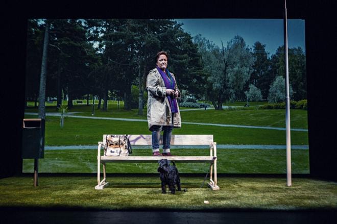 Carola Sarén och Donna tähdittävät Wasa Teaterin uutta näytelmää Hundliv. Foto: Frank A. Unger