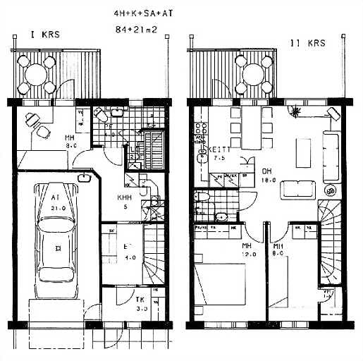 Erilainen. Autotallin upottaminen alakertaan ei ole yleinen ratkaisu.Esimerkkihuoneisto: 4h+k+s+at, 84+21 m2 (vh 152 600 euroa)