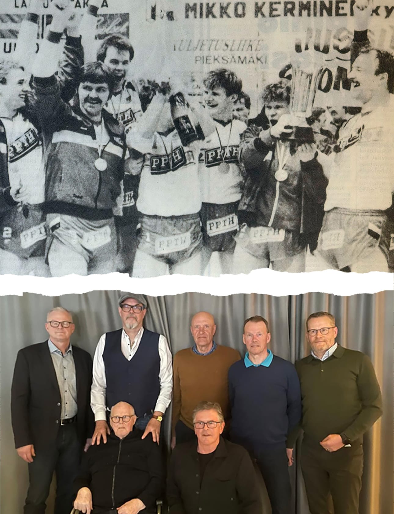 Seinäjoen Mailajussien miesten lentopallon Suomen mestareita vuonna 1986 ja keväällä 2026.