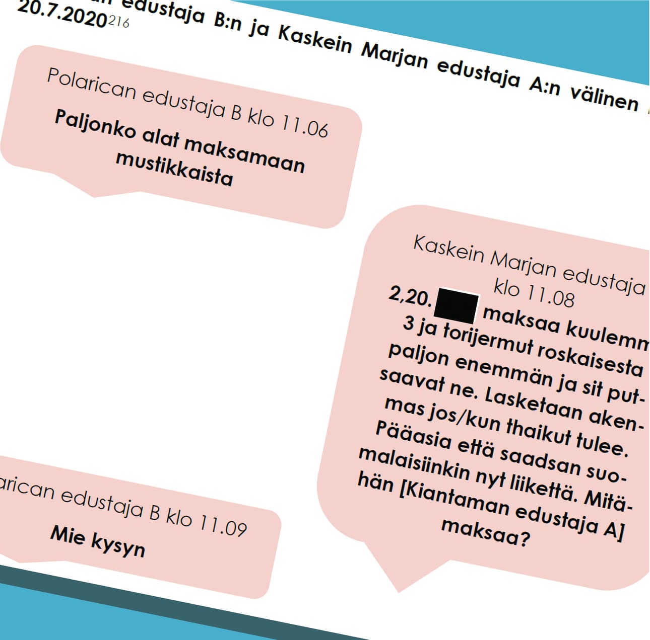 Kilpailu- ja kuluttajavirasto käyttää todisteina marja-alan kartellista viestinvaihtoa, jota eri marjayhtiöiden edustajat kävivät säännöllisesti keskenään. Kuvituksessa olevat viestit on poimittu Kilpailu- ja kuluttajaviraston seuraamusmaksuesityksestä.