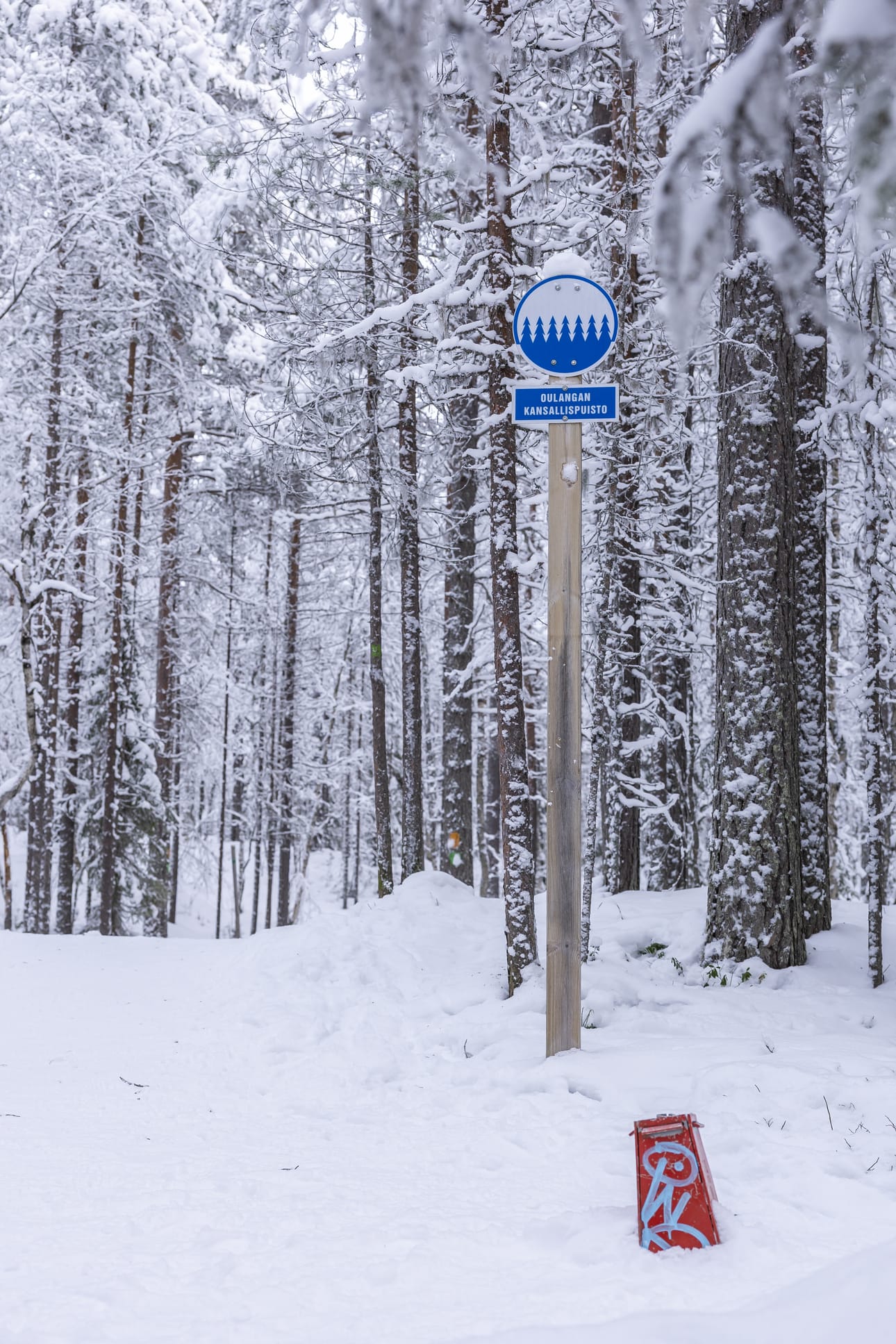 Basecamp Oulangan ja Kitkajoen Myllykosken välillä ylitetään kansallispuiston raja. Lumesta pistää esiin metallinen rajapyykki. Taustalla puussa on reittien maalimerkit.
