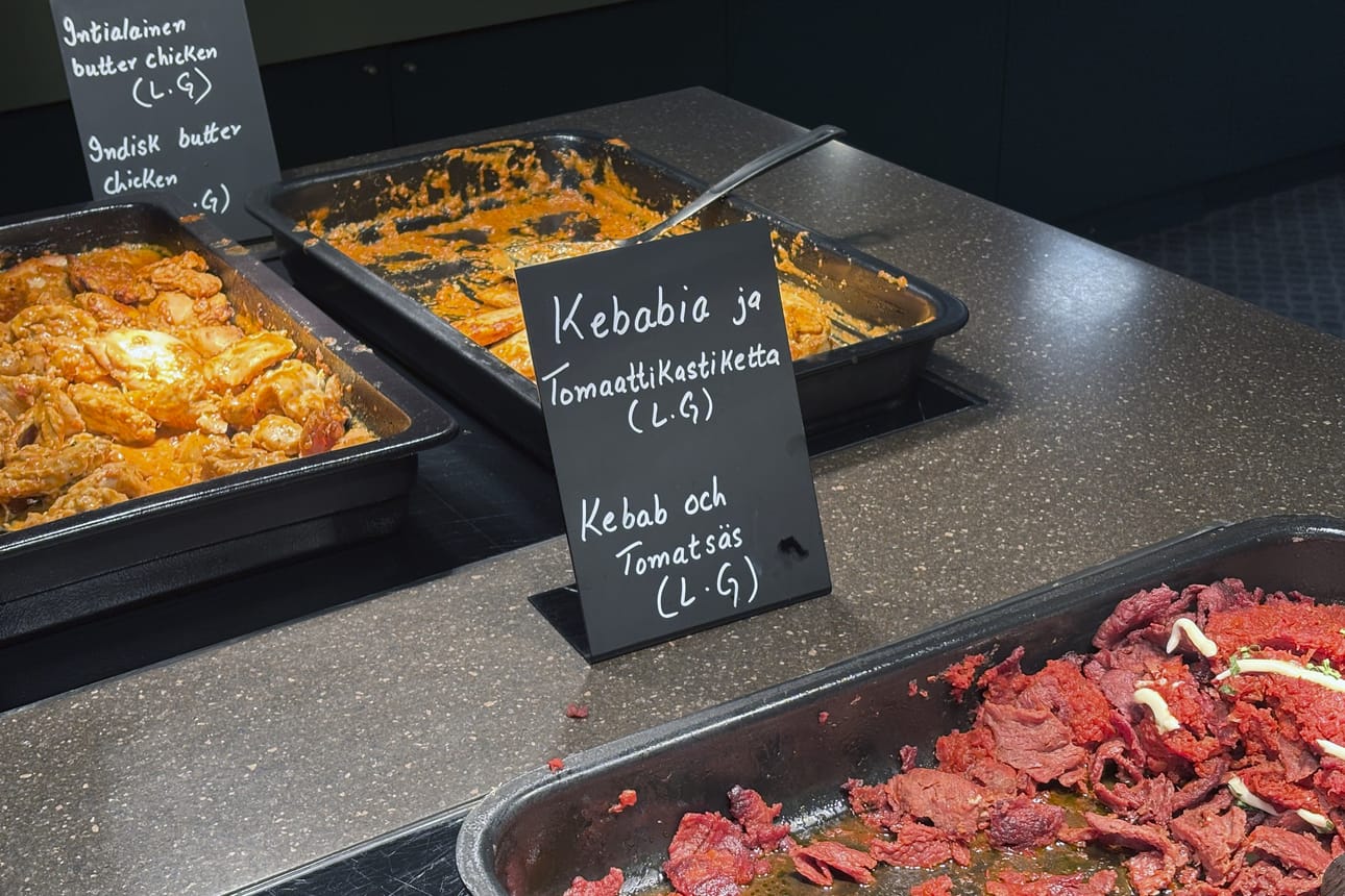 Jutuntekopäivänä lounaalla oli tarjolla intialaista butter chickeniä ja kebabia. Vegaanisena vaihtoehtona oli vegekebab. Lisukkeina oli riisiä ja listan ulkopuolelta perunamuusia.