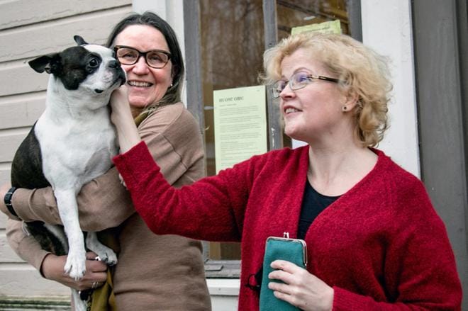 Kaskisten hallintojohtaja Margit Kasevalla tapaa olla työpaikallaan kaupungintalolla mukana bostoninterrieri Pepe, joka on myös kaupunginjohtaja Minna Nikanderin rapsuteltavana. Nyt esitelty ensi vuoden talousarvio oli ilmeisesti Kasevan viimeinen, sillä hän jää eläkkeelle ensi vuonna. KUVAT: Jorma Havula