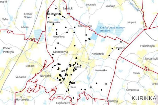 Suurin osa alkuvuodesta ilmoitetuista susihavainnoista painottuu keskustan länsipuolelle. Kuvassa suurpetohavaintojärjestelmän havaintokartta.