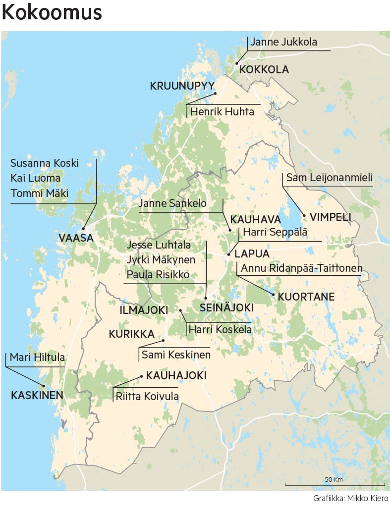 Kokoomuksen ehdokaskartta näyttää tältä. Seinäjoelta ja Vaasasta ehdokkaita on asetettu kolme.